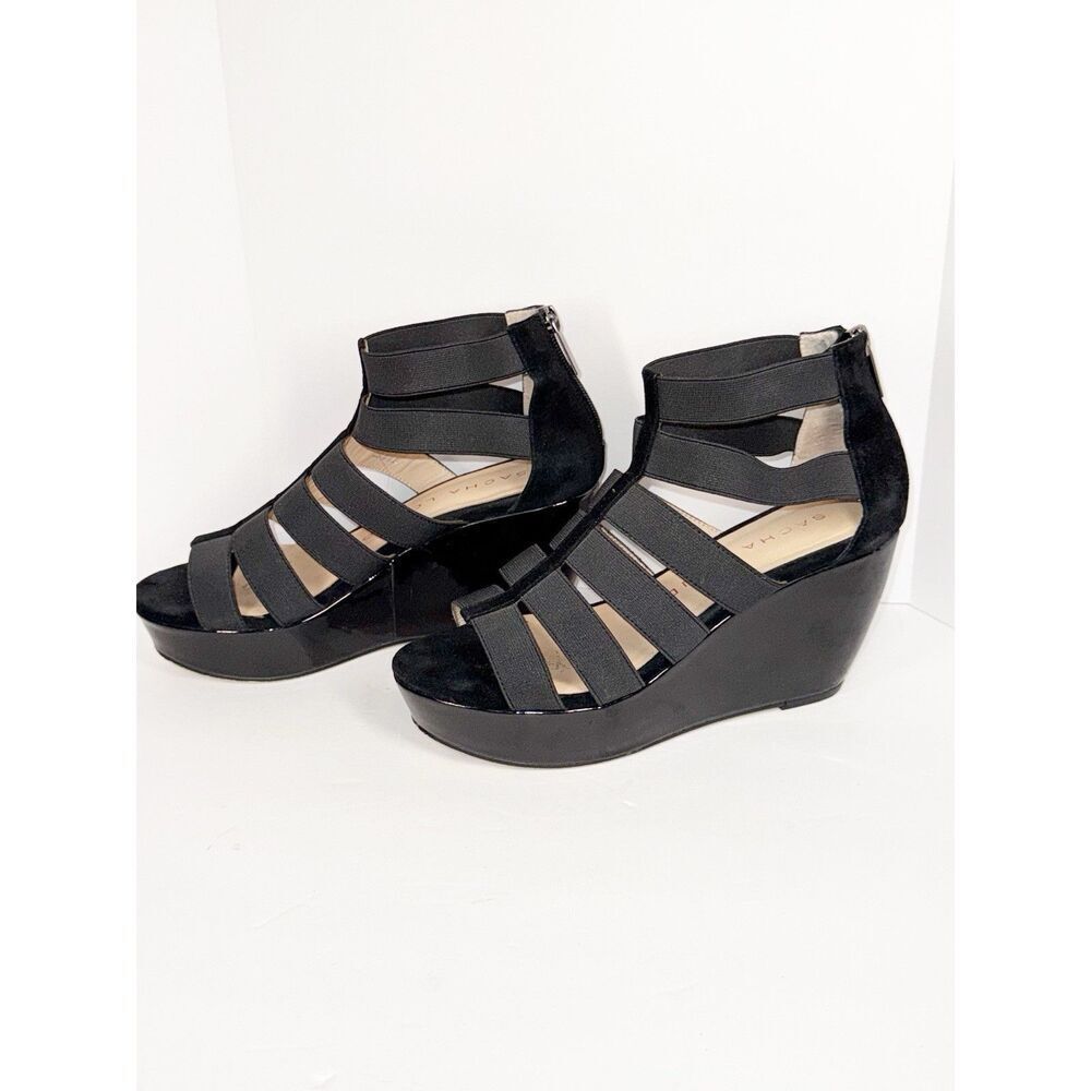 Sacha London Omega Wedge Strappy Sandal Elastic Black Patent Leather Classic 7.5 - Picture 4 of 14
